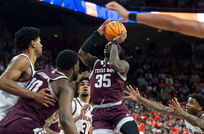 Texas A&M Aggies guard Manny Obaseki (35) goes up for a layup as Auburn Tigers take on Texas A&M Aggies at Neville Arena in Auburn, Ala., on Tuesday, Jan. 9, 2024.